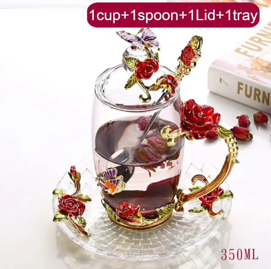 1cupspoon1lid1saucer Красная роза, эмалированное стекло, кофейные кружки чашки для чая и кружки, ручной работы, термостойкие стаканы, стакан для воды, посуда для напитков, подарок для влюбленных, свадебная чашка - Цвет: 1cupspoon1lid1saucer