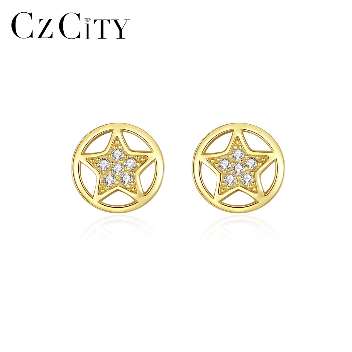 

CZCITY Fashion 925 Sterling Silver Star Stud Earrings for Women Fine Jewelry Round CZ Pendientes Bijoux Femme Anniversary Gifts