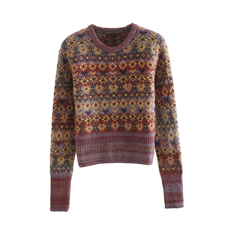 

YOSIBCD Women 2021 Fashion Jacquard Cropped Knitted Sweater Vintage O Long Sleeve Female Pullovers Chic Tops