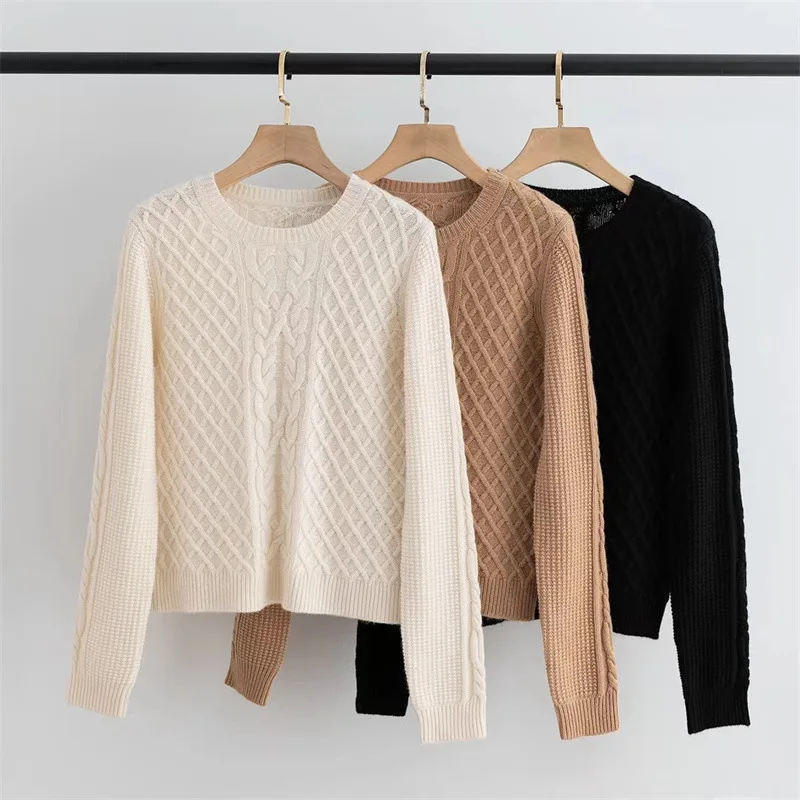 

Женский Теплый свитер, однотонный вязаный кашемировый свитер с длинными рукавами и круглым вырезом, плотный свитер для осени и зимы