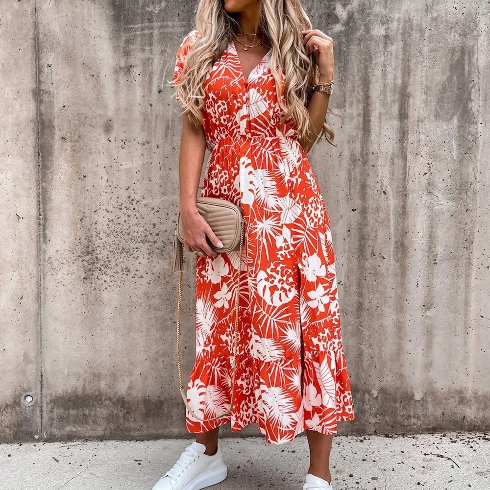 

Women Sexy Split Fork Floral Print Dress Summer Ladies V-Neck Elegant Plus Size Long Sleeve Dress Office Lady Dresses Vestidos