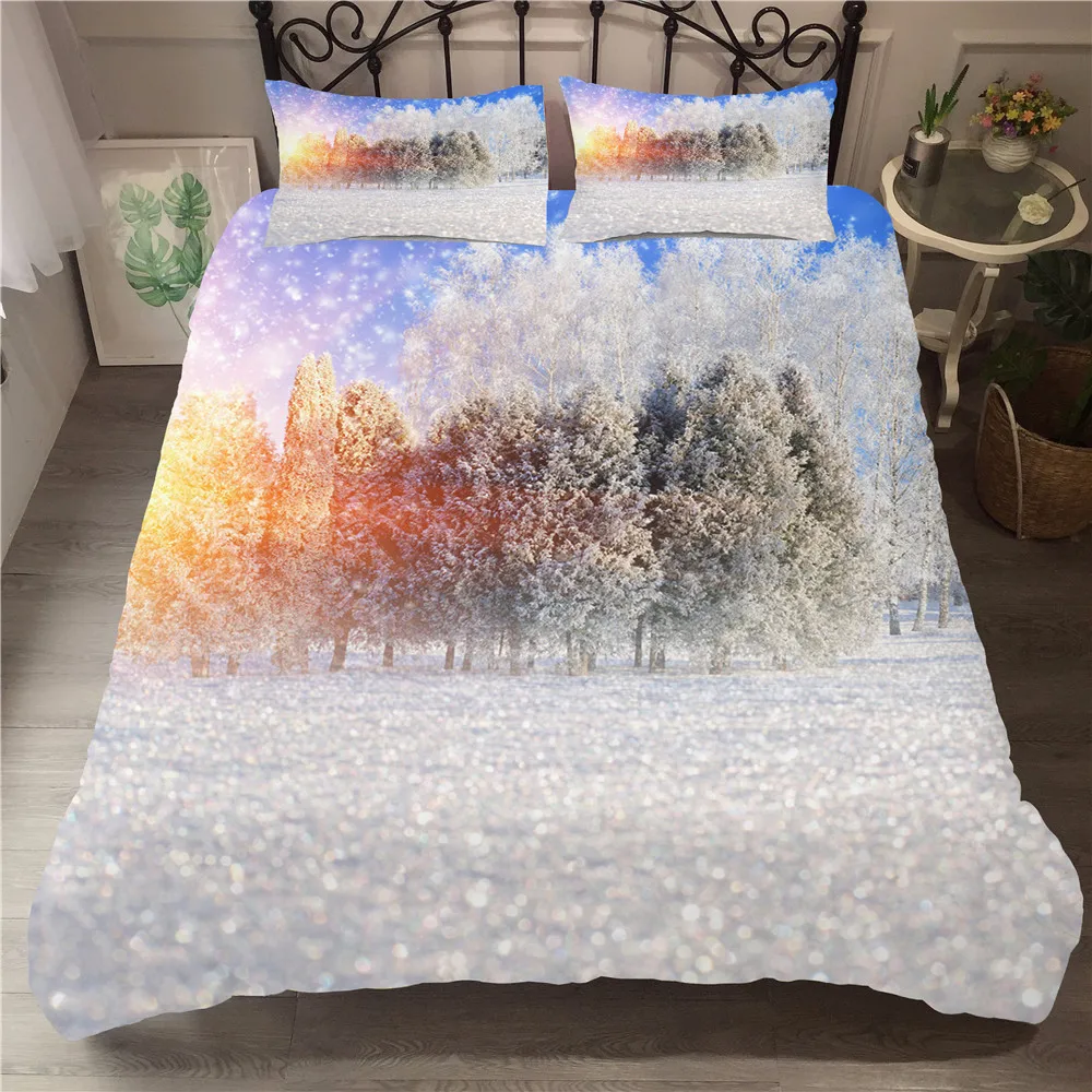 

Комплект постельного белья King, зимний текстиль с принтом в виде снега, с наволочками, одноразмерный