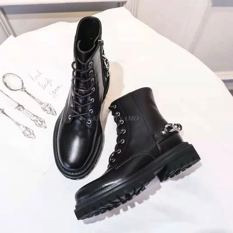 

Fashion Round Toe Runway Lace Up Ankle Martin Boots Women Genuine Leather Heel Metal Decor Brand Design Ladies Short Boots Shoes