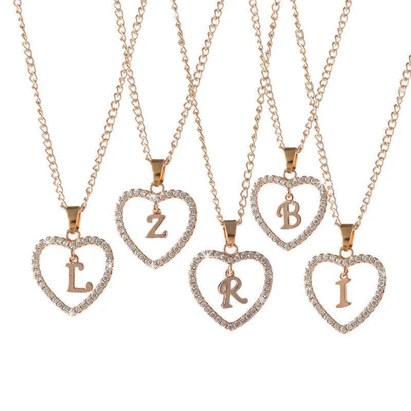 

Simple Alphabet Pendant 26 Letters Crystal Love Heart Necklace Women Lady Clavicle Chain Jewelry