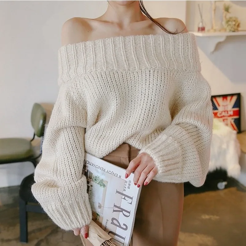 

2021 Sexy Strapless Y2k Pullover Fashion Torticollis Full Sleeve Knit Sweater Women Cold Strapless Elastic Knitted Pullover