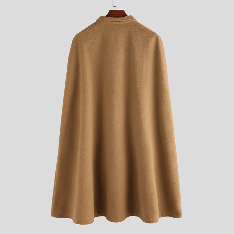 

INCERUN Winter Fashion Men Cloak Coats Solid Casual Faux Blends Fleece Trench Overcoat 2021 Stand Collar Streetwear Jackets 5XL