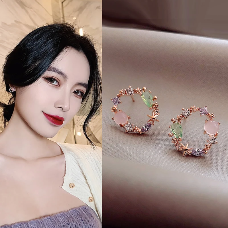 

New Arrival Classic Round Pink Green Stud Earrings Sweet Flower Cirlce Jewelry Fashion Brincos Gift For Women