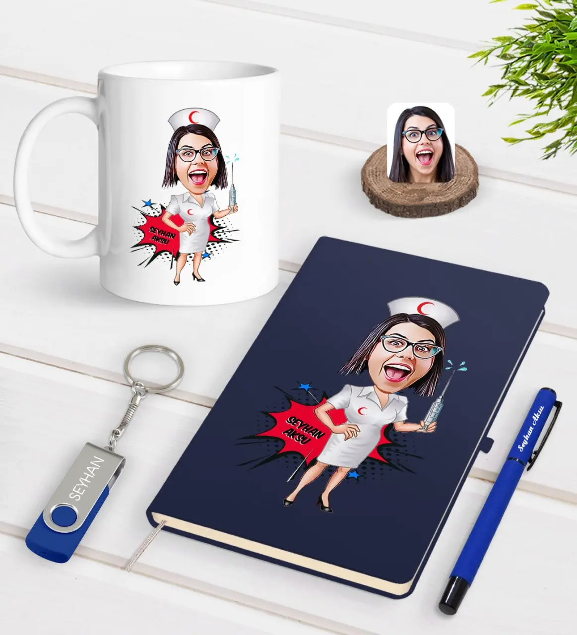 

Personalized Nurse Caricature Of Navy Blue Notebook Pen cup 32gb USB Memory Gift Seti-1