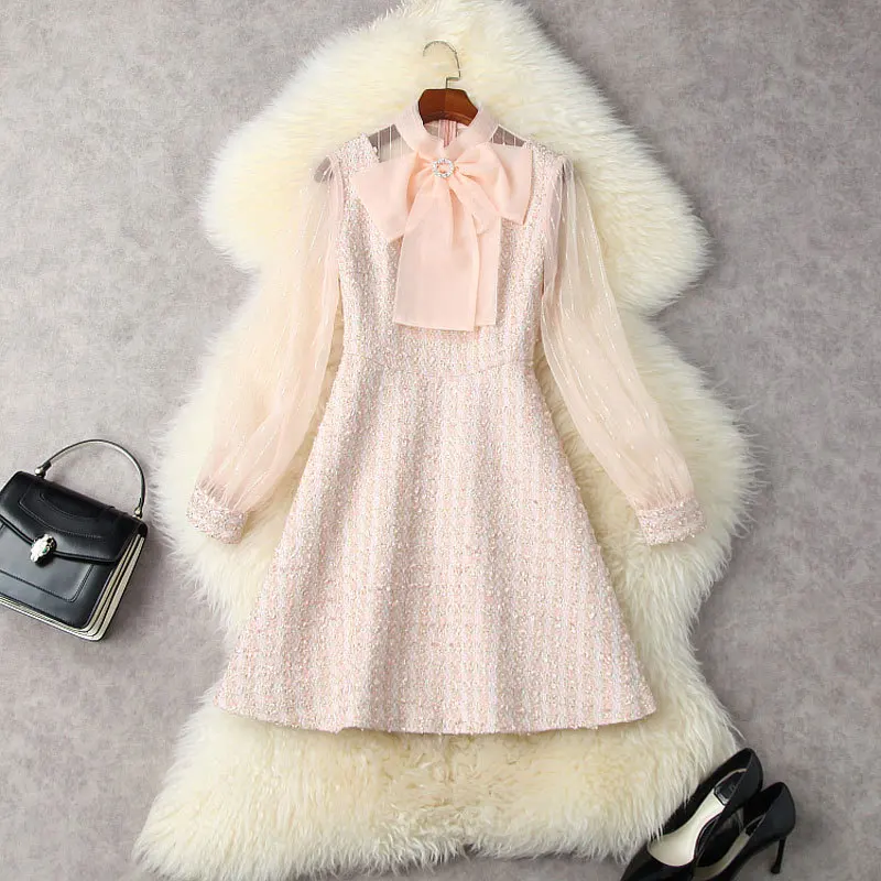 

Robe Femme Autumn Winter Dress Women 2021 Designer Sweet Bowknot Mesh Long Sleeve Tweed Lolita A-line Mini Dress Party Vestidos