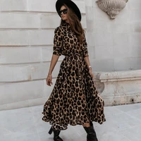 2021 fashion women long sleeve shirt dress spring leopard print turn down collar slim midi dresses casual elegant clothing fall