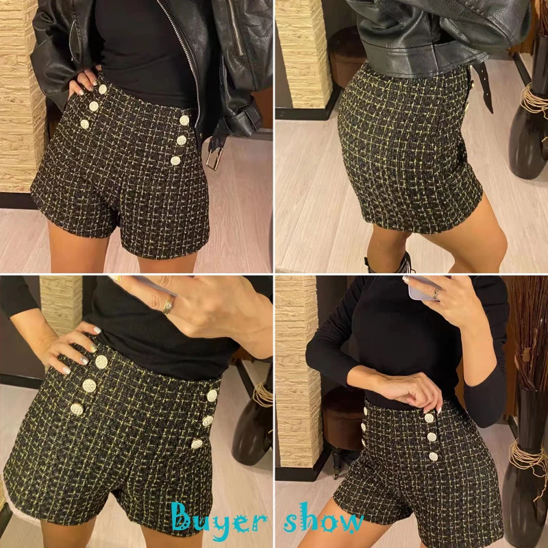 

New High Waist Tweed Shorts Women Casual Loose Ladies Fashion Spring Autumn Slim Button Shorts All-match