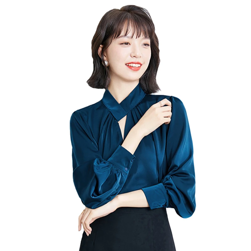 

Elegant Bow Tie Women's Blouse Lantern Sleeve Long Sleeve Shirt Blue Blouse Office Ladies Workwear Blouse 2021 Fall
