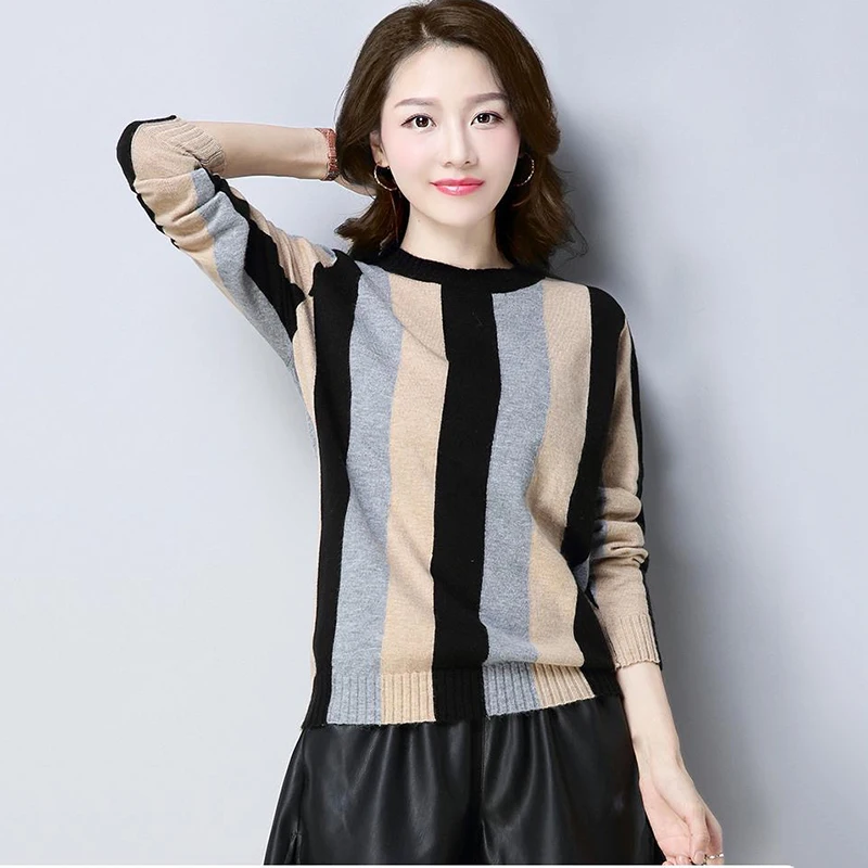 

Женский трикотажный свитер в полоску, базовый пуловер с круглым вырезом, повседневный свободный тонкий свитер с длинным рукавом, 2022