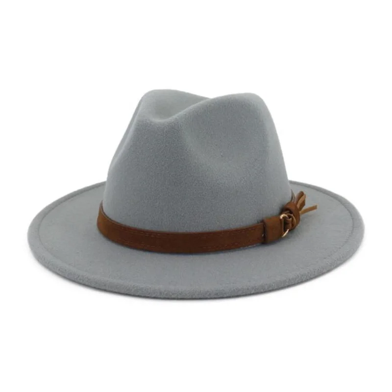 Шерстяная шляпа Fedora для женщин и мужчин, джаз, церковь, Панама, шляпа с кожаная лента, Элегантная Леди, зима, осень, широкие шляпы сомбреро - Цвет: grey