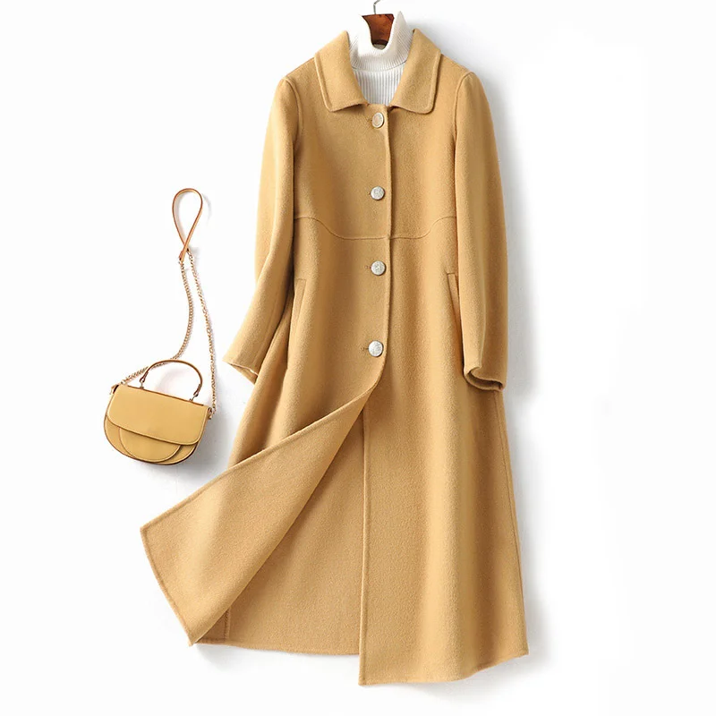 

Корейское шерстяное твидовое пальто, женское однотонное двухстороннее пальто средней длины из твида с высоким качеством, зимнее женское па...