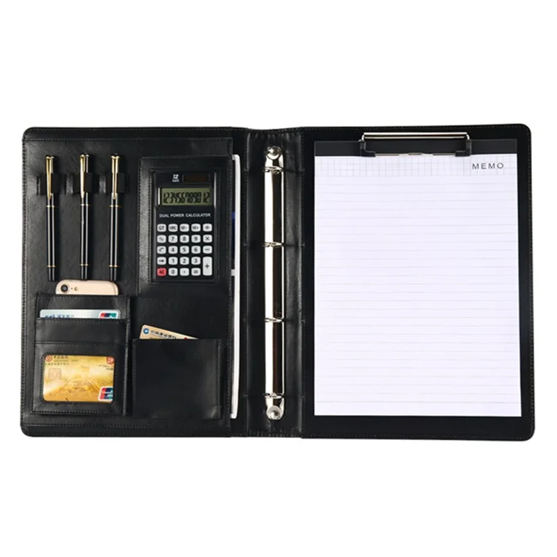 

A4 Folder For Documents PU Leather File Bags Calculator Binder Multi-function Business Pads Manager Portfolio Office Supplies
