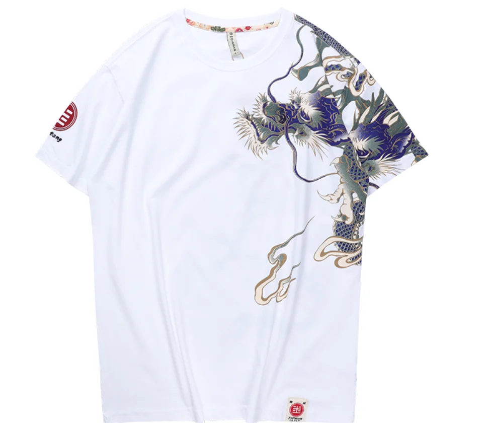 Printing Short Men's Sleeve T-Shirts Japan Style Loose Hip Rock Dragon Tattoo 100% COTTON Tops Tees | Мужская одежда