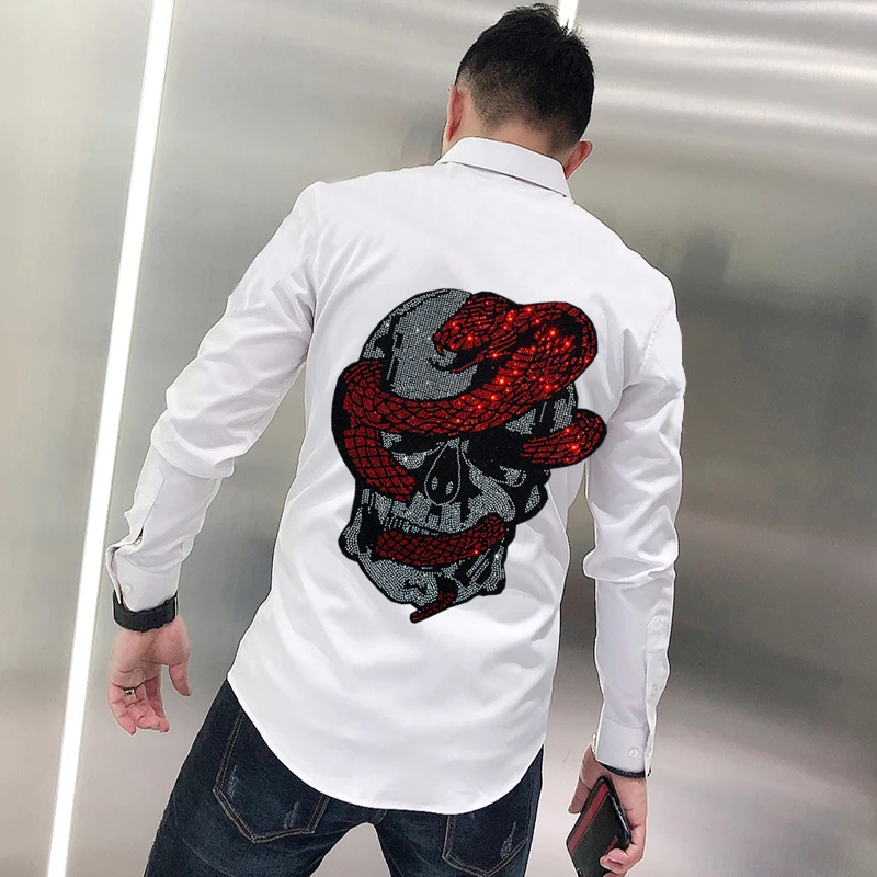 

Spring Long-Sleeved Button Lapel Design Skull Style Rhinestone Handsome Night Market Personality Tops Original Men's T-Shirt