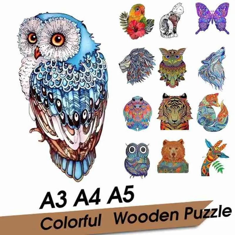 

Wooden Jigsaw Puzzles Cartoon Giraffe Blue Owl Flower Fox Montessori Board Game Toys Child Cognition Adult Decompression Toys