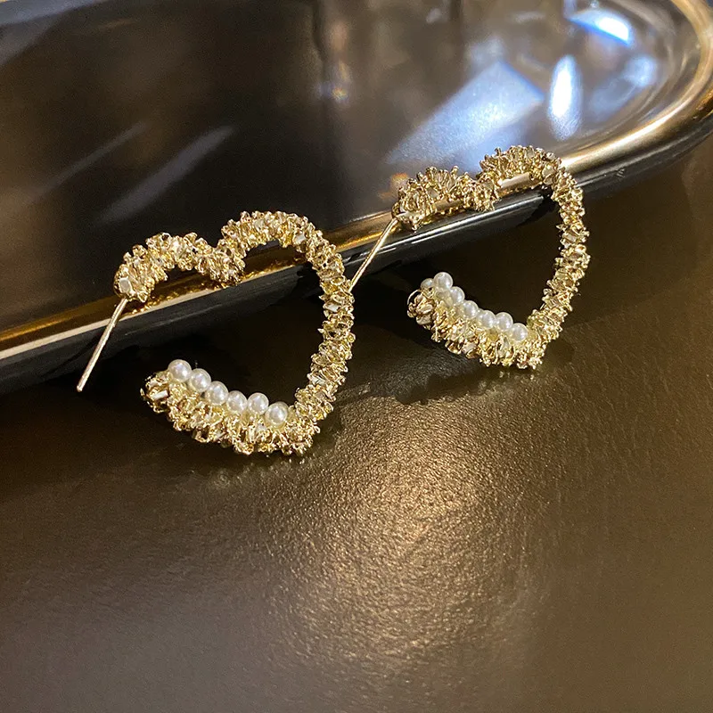

Origin Summer French Love Heart Open Hoop Earring for Women Girls Delicate Simulation Pearl Gold Color Metallic Earring Jewelry