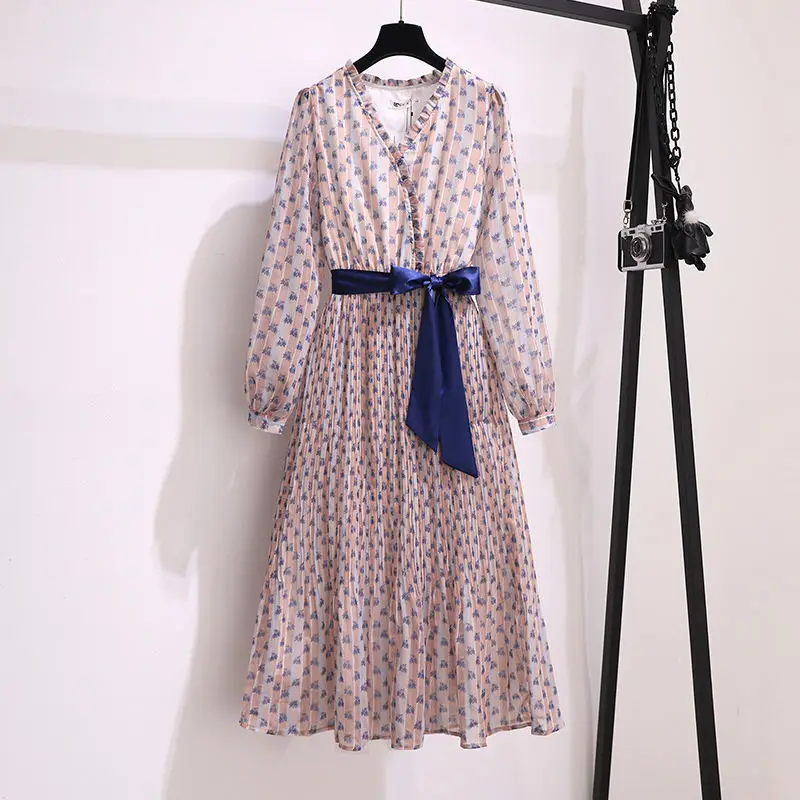 

2022 Spring Summer Print Floral Dress Women New Fashion Sashes Bow Tie Strap Light Cooked Wind Mid-length Pleated Chiffon Dress