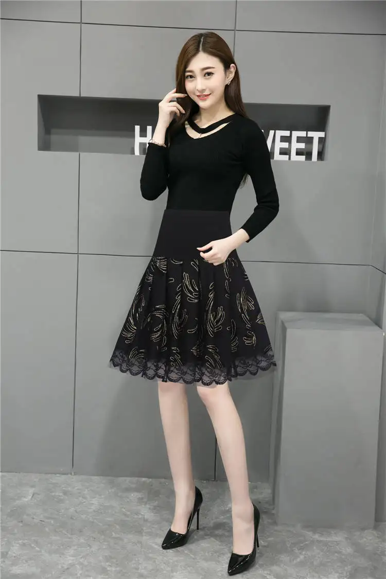 

2020 Summer High Waist Pleated Skirts Women Vintage Black Printing Stitching Lace Midi Skirt Large Size Faldas Largas Mujer F157