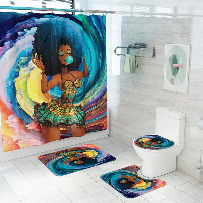 

African Woman Printed Bath Mat Set Toilet Mat Absorbent Bathroom Mat Set with Waterproof Shower Curtain Bath Mats Bathroom