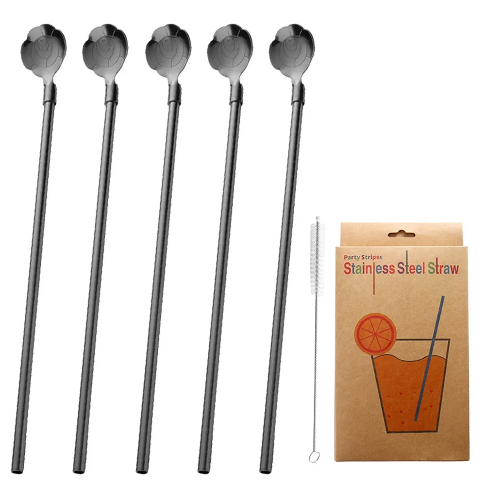

5pcs Reusable Metal Straws Spoon Set With Clean Brush Bent Filter Coffee Spoon Bar Drinking Straw Milk Drinkware For Bar Party