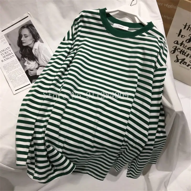 

Neploe Stripe T Shirts Women Medium-long Causal TShirt Thin O-neck Top Korean Streetwear Plus Size Women Clothes 2021 Clothes