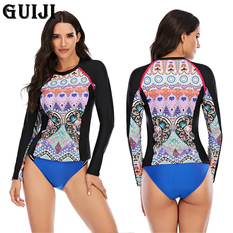 

【GUIJI】Ready Stock 2021Long Sleeve Women Print Swimwear One Piece Swimsuit High Neck Diving Suit Surfing Suit Pad Bathing Suit