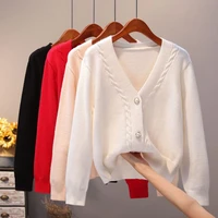 single breasted long sleeve sweater cardigan autumn winter v neck solid color knitted coat outerwear