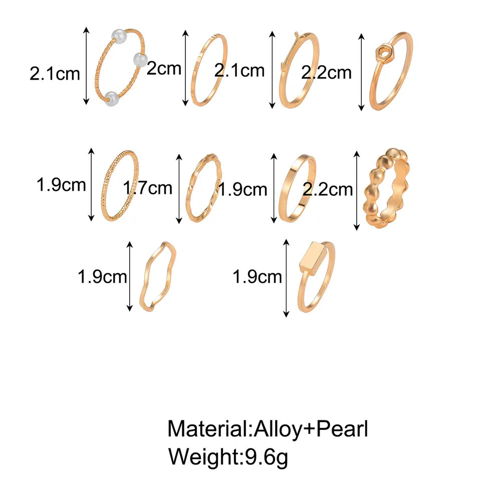 

10Pcs Fashion Geometric Alloy Pearl Set Ring For Women Temperament Simple Golden Metal Ring 2021 New Girl Gift Jewelry Wholesale