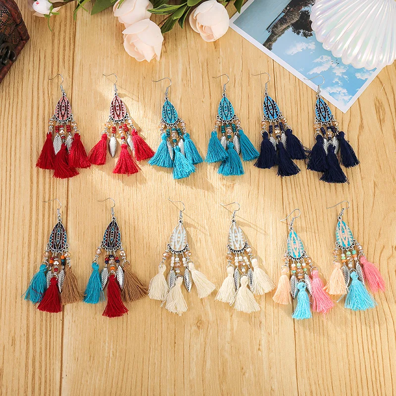 Богемные этнические висячие серьги с блестками и кисточками для женщин модные