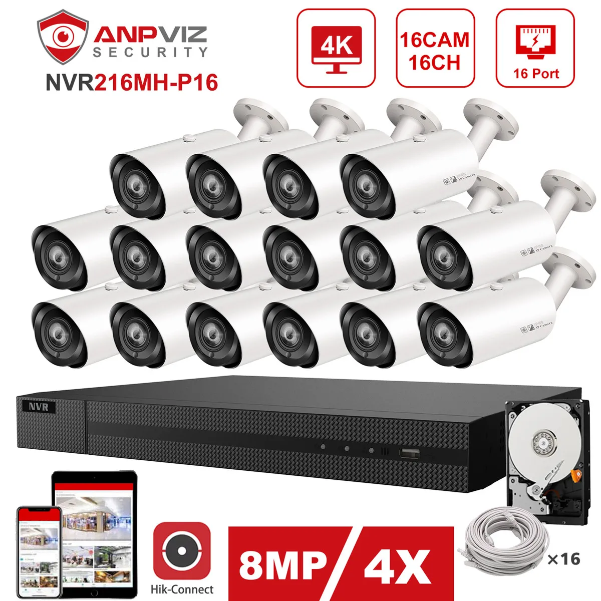 Hikvision OEM 16CH 4K NVR Anpviz 8MP 4X POE IP камера система для помещений/улицы 16 шт. цилиндрическая