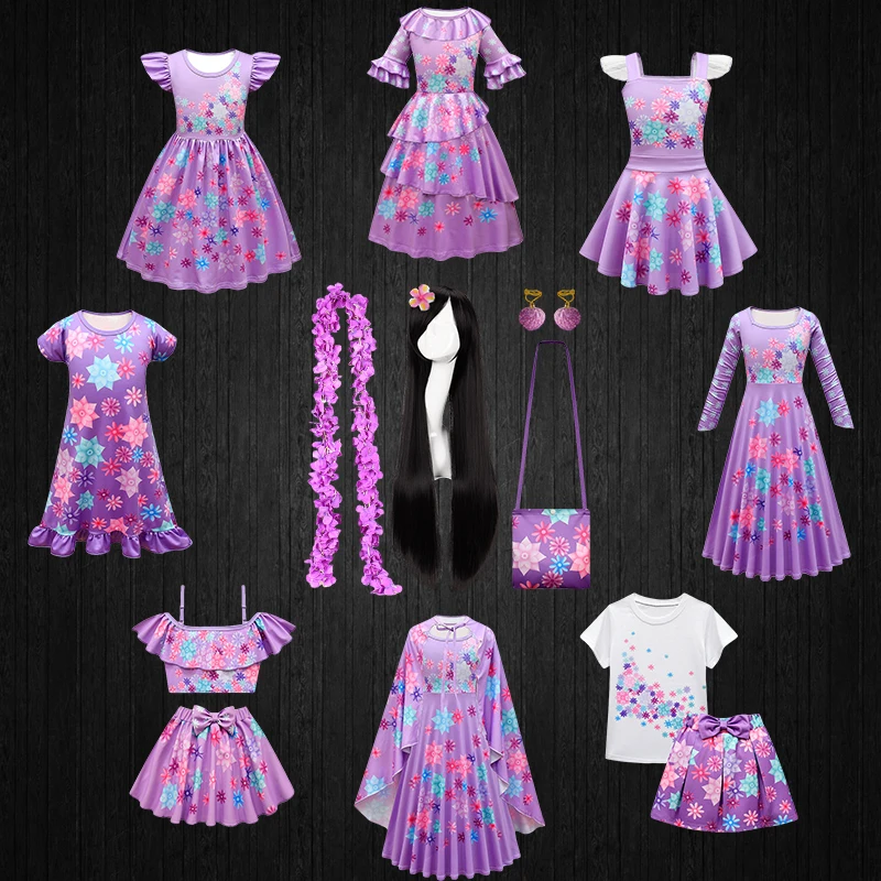 

Encanto Fancy Girls Floral Print Lotus Leaf Isabel Costume Casual Elegant Child Clothing Set Draped Long Encanto Princess Dress