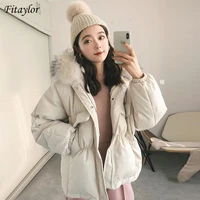 fitaylor winter 90 white duck down irregular jacket women big real raccoon fur hooded short coat beige loose warm snow outwear