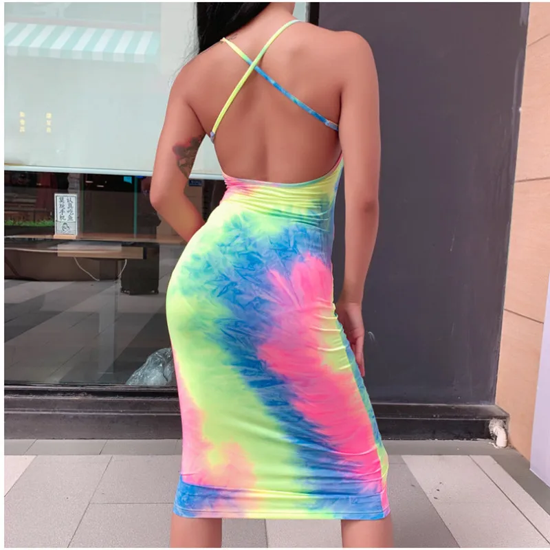 

Tie Dye Women Summer Sexy Sleeveless Slip Bodycon Dress Female Printed Wrap Party Beach Club Mini Dresses Outfits