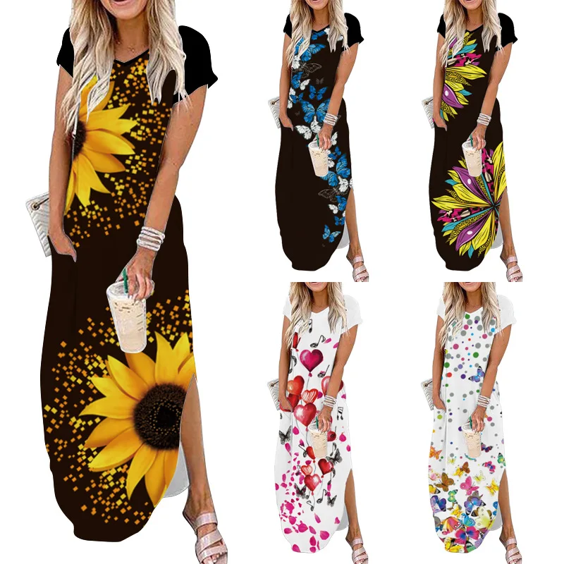 

Women Summer Maxi Dress Women's Sunflower Lifelike Heart Butterfly Print Split Vivid Pattern Long Sundress Female Robe Dresses