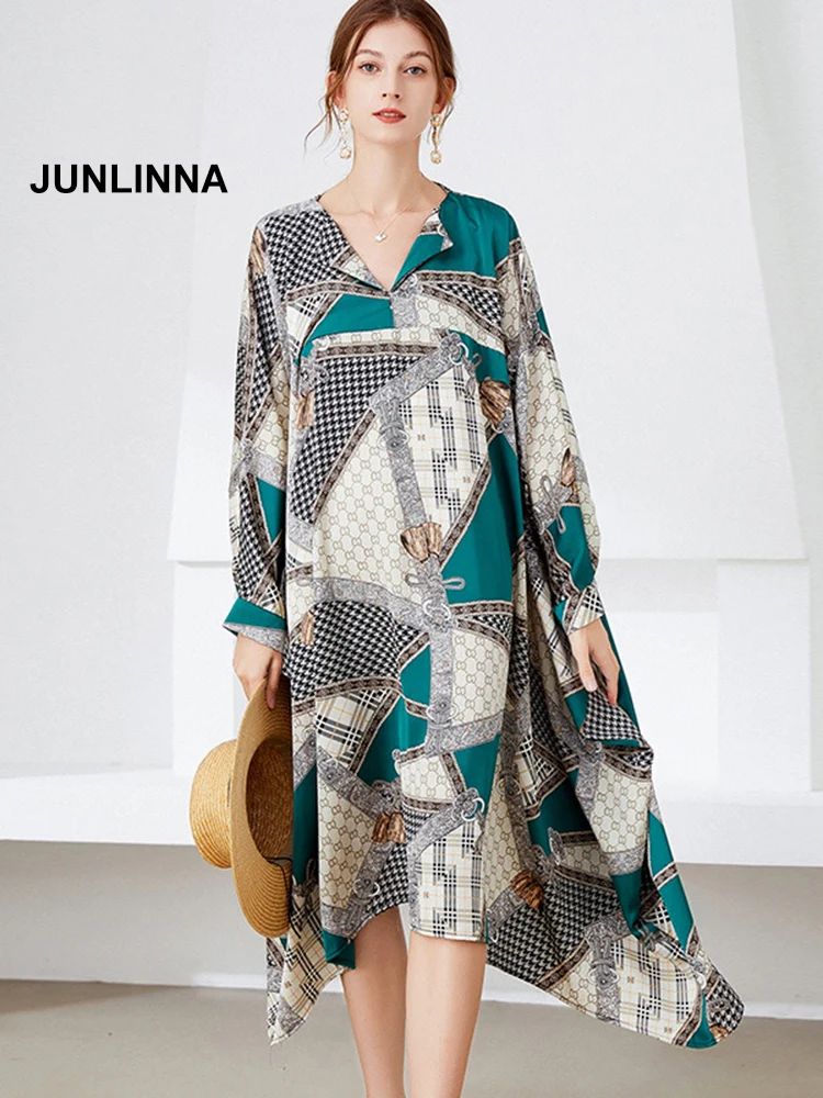 

Woven Satin Women's Printing Dress One Free Size Loose Vestidos V Neck Long Sleeve Autumn New Asymmetrical Dresses