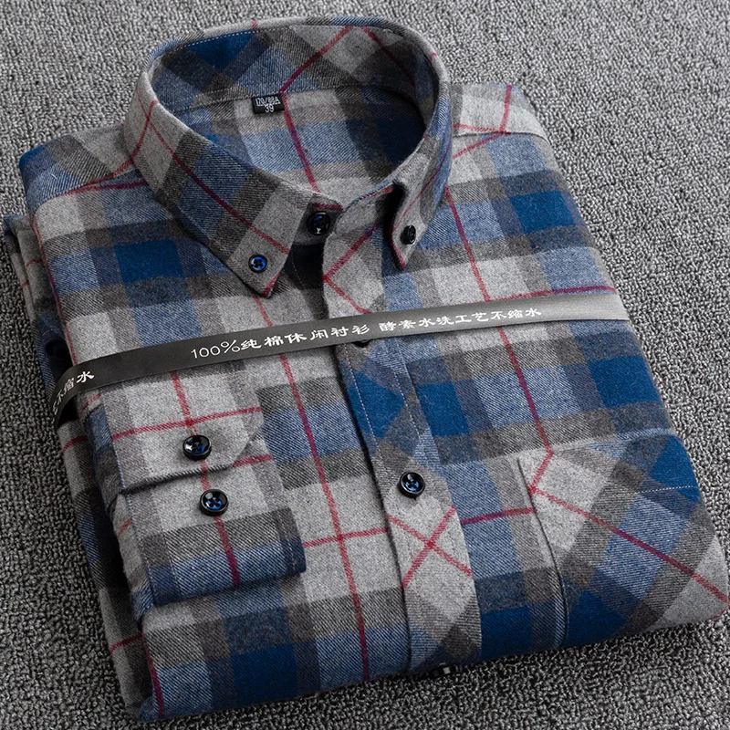 100% Cotton Man's Casual Plaid Shirt Sanding Fabric Flannel S to 6xl Warm Oversized Shirts for Male Long Sleeve with Pocket New