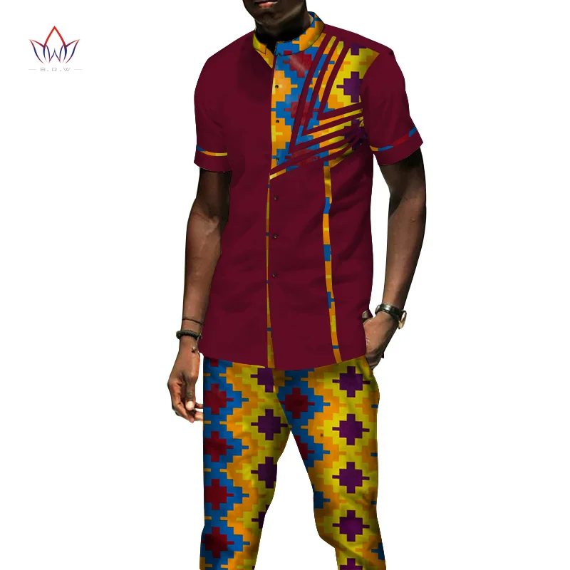 Африканская одежда повседневные мужские комплекты из топа рубашки и брюк базин