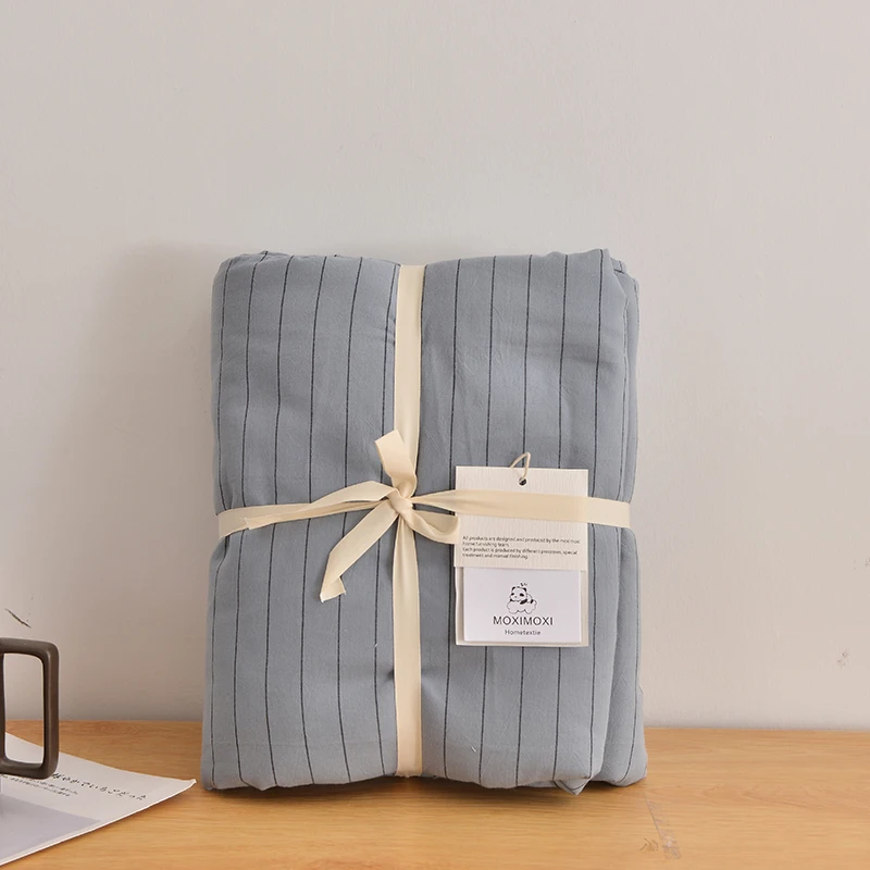 

4 Pieces Blue Stripe Bedding Set Luxury Washed Cotton Duvet Cover Solid Color Winter Summer Bedspread Flat Bed Sheet Pillowcase