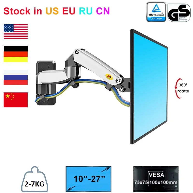 

NB North Bayou Silver F150 17"-27" Full Motion Monitor Wall Mount TV Wall Bracket with Adjustable Gas Spring LED LCD Monitor Arm