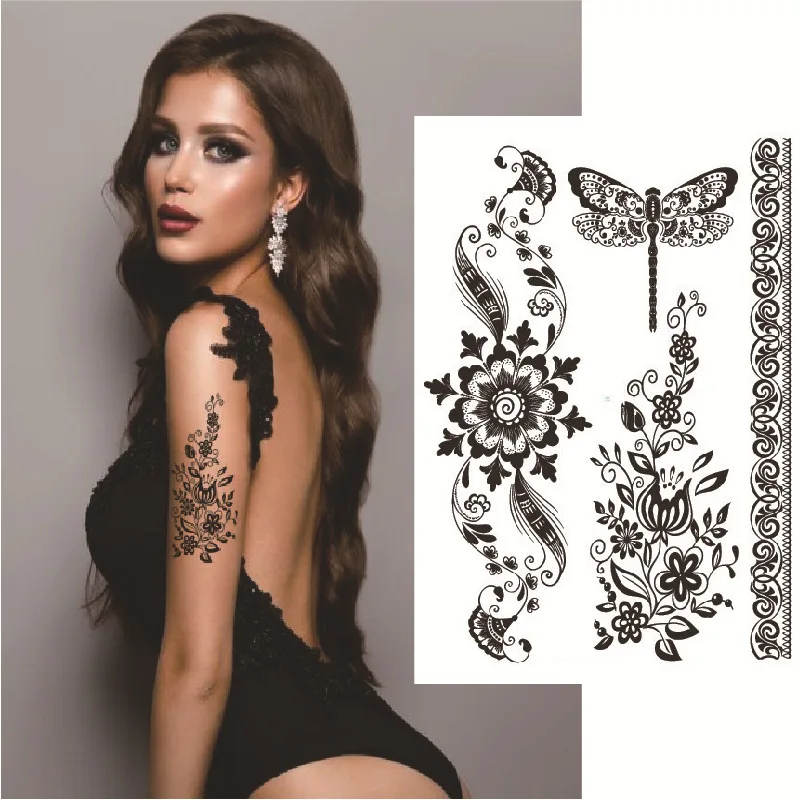 

Black Lace Temporary Tattoo Sticker For Women Mandala Flower Waterproof Tattoo Henna Decoration Sexy Bracelet Sticker