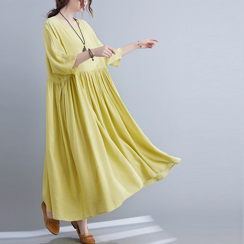 

Plus Size Dress Summer Style Vestidos Sundress Beach Women Female Solid Linen Patchwork Loose Vintage Bat Long New Casual Dress