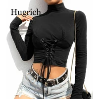 black bodycon gothic punk style t shirt women long sleeve cotton lace up t shirts female casual streetwear top tee 2020