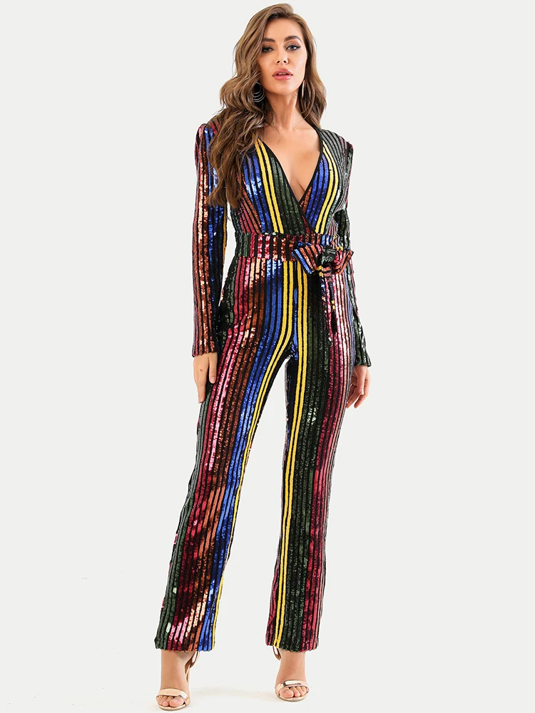 Ailigou 2021 New Fashion Multicolor Striped Sequins Sexy V-neck Long Sleeve Belt Design Celebrity Party Jumpsuit