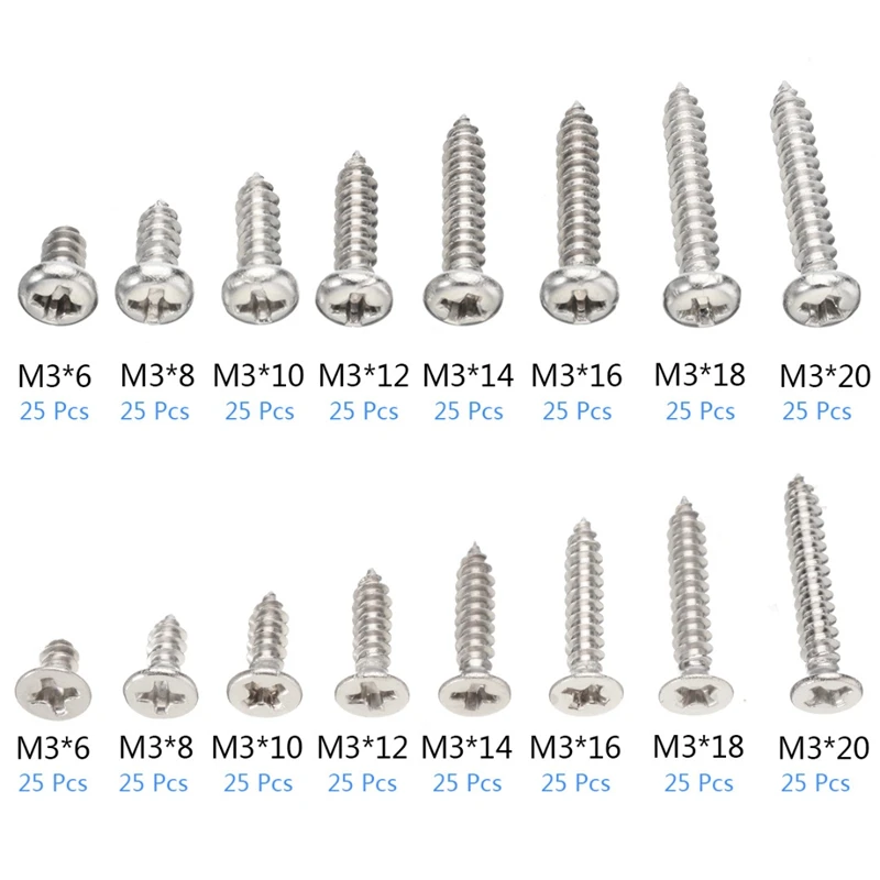 

200Pcs M3 Stainless Steel Screws Kits High Strength Self-Tapping Screws Assortment Set for Wood Furniture