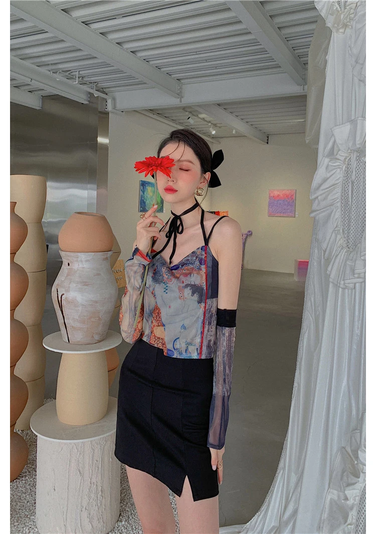 

New summer Fashion Print Bandage Removable sleeves Female T-Shirt Women Sexy Slim Harajuku Graphic Tie Dye Halter Top Women Y2K