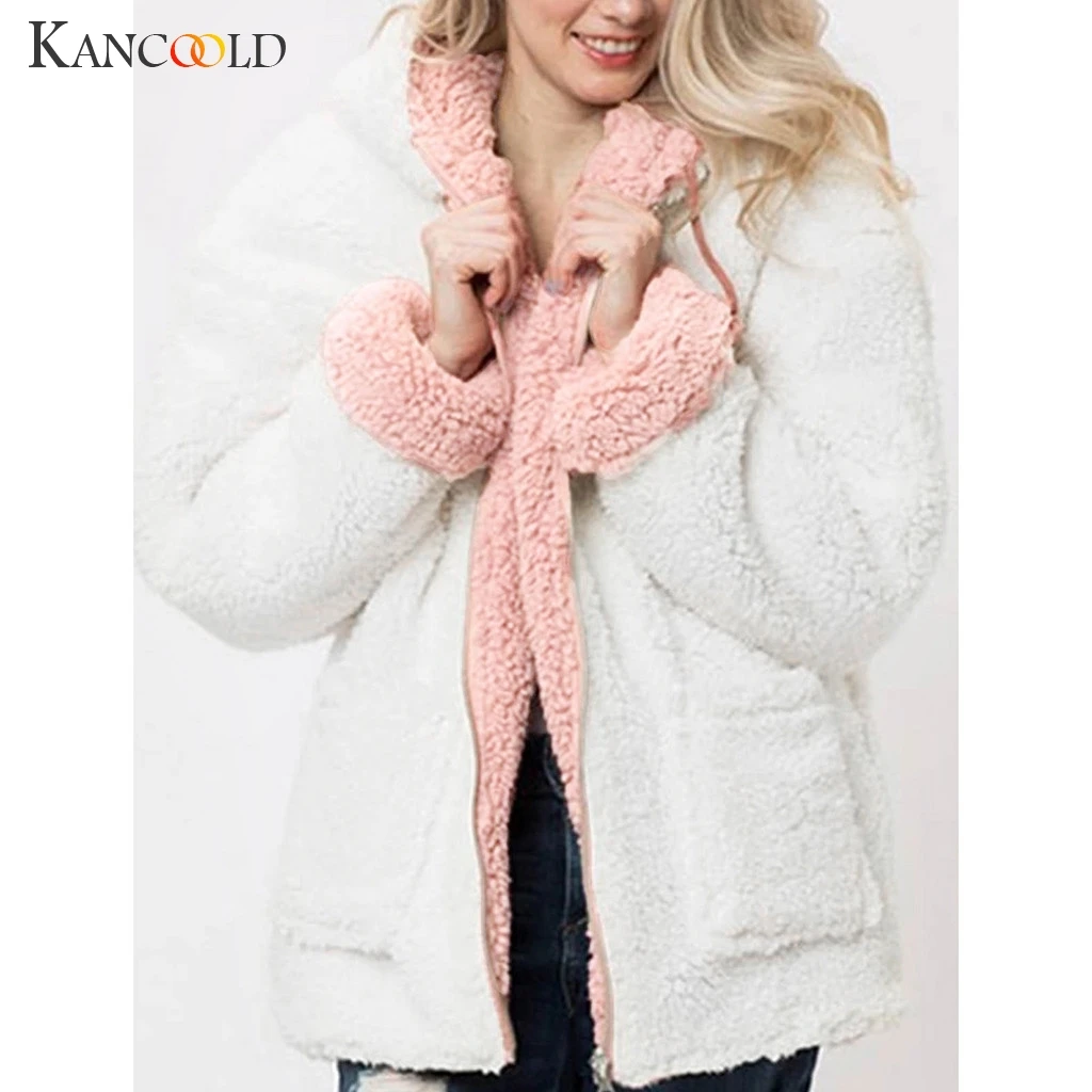 KANCOOLD пальто модные однотонные пальто из искусственного меха с капюшоном Плюшевые на молнии с карманами Реверсивные Свободные Новые пальто и куртки для женщин 2019AUG20